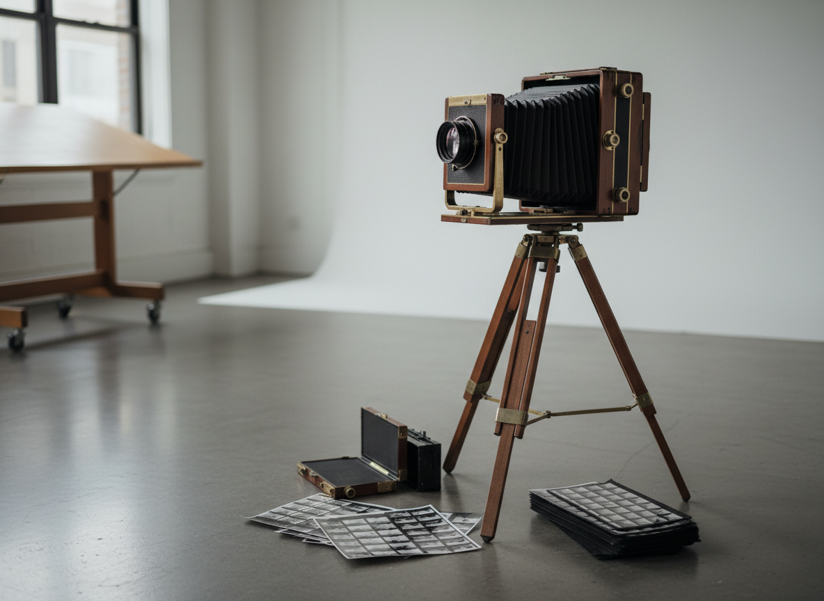 A large-format 4×5 field camera made of dark polished wood and brass, bellows fully extended, stands on a sturdy tripod in an uncluttered studio. Around it lie open 4×5 and 120 mm film backs, contact sheets, and neatly stacked negative sleeves. Soft, diffused north-facing window light grazes the camera’s textured leather bellows, casting precise shadows on a matte concrete floor. The atmosphere is quiet and contemplative, evoking meticulous craftsmanship. Photographed at eye level with a slightly off-center composition, shallow depth of field isolates the camera while the background falls into gentle blur. The style is clean photographic realism, sophisticated and minimal, emphasizing analog precision and contemporary art practice rather than nostalgia.