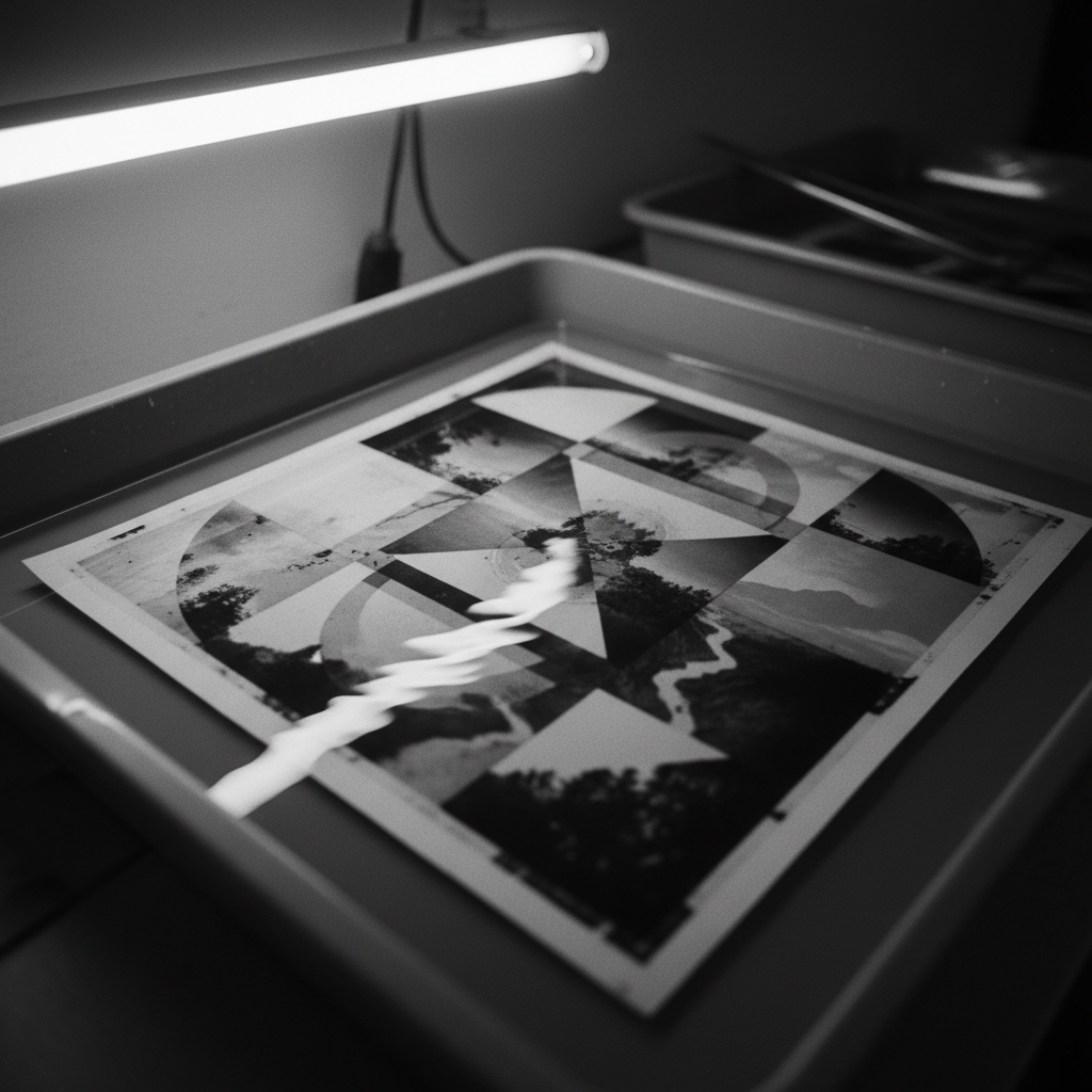 An experimental multi-layered print lies on a large rinsing tray, its overlapping monochrome geometric shapes and fragments of landscapes revealing double exposures and alternative darkroom techniques. The print’s emulsion surface shows subtle imperfections, drips, and edge marks that hint at process-driven work. Water gently ripples around the paper, catching reflections from a narrow strip of cool fluorescent light overhead. The surrounding area shows only hints of other trays and tongs, kept deliberately out of focus. Captured at a low oblique angle with shallow depth of field, the print edges fall softly into blur, drawing attention to the central experimental textures. The atmosphere is quiet and exploratory, sophisticated photographic realism with a focus on materiality and process.