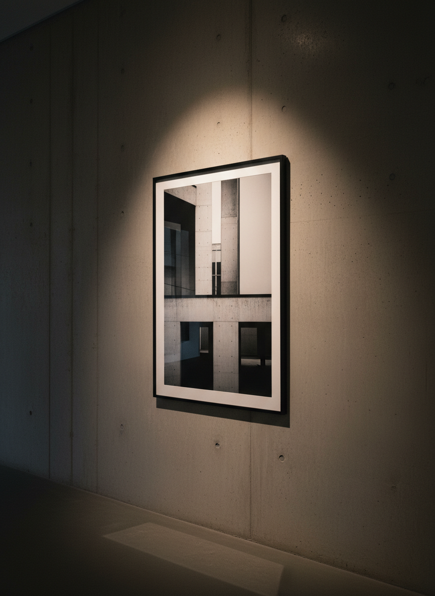 A solitary framed large-format print, created from a 4×5 negative, hangs on a raw concrete gallery wall. The image within the frame is a stark, minimalist architectural scene rendered in rich tonal gradients, with exquisite sharpness and subtle film grain. The frame is thin, matte black metal with museum glass that catches only the faintest reflection. Soft, controlled gallery spotlights create a precise pool of light on the print, leaving the surrounding space in gentle shadow. Shot from a slight side angle at eye level, with careful perspective lines emphasizing the objecthood of the framed work. The mood is refined, contemplative, and contemporary, highlighting film photography as serious fine art in a clean, photographic, sophisticated style.