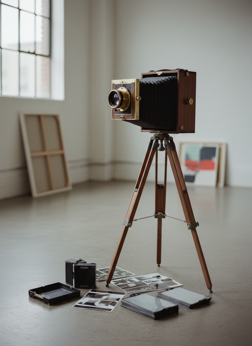A large-format 4×5 field camera made of dark polished wood and brass, bellows fully extended, stands on a sturdy tripod in an uncluttered studio. Around it lie open 4×5 and 120 mm film backs, contact sheets, and neatly stacked negative sleeves. Soft, diffused north-facing window light grazes the camera’s textured leather bellows, casting precise shadows on a matte concrete floor. The atmosphere is quiet and contemplative, evoking meticulous craftsmanship. Photographed at eye level with a slightly off-center composition, shallow depth of field isolates the camera while the background falls into gentle blur. The style is clean photographic realism, sophisticated and minimal, emphasizing analog precision and contemporary art practice rather than nostalgia.