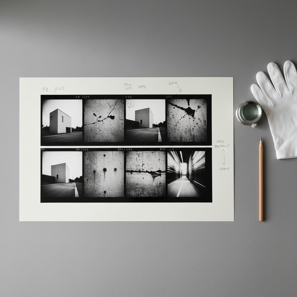 A close-up of a contact print sheet made from 4×5 and 120 mm negatives, laid on a cool grey archival table. The frames show conceptual, minimal urban scenes and abstract textures, their black borders crisp against the white paper. A cotton inspection glove, a precision loupe, and a graphite pencil rest alongside carefully annotated margins. Soft overcast daylight enters from an unseen window, creating delicate, even illumination and faint shadows that emphasize the paper’s fibers. Photographed from directly above with sharp focus across the frame, the composition feels methodical and analytical. The mood is calm, intellectual, and sophisticated, highlighting the artist’s editing process and contemporary fine art approach in a photographic, documentary style.