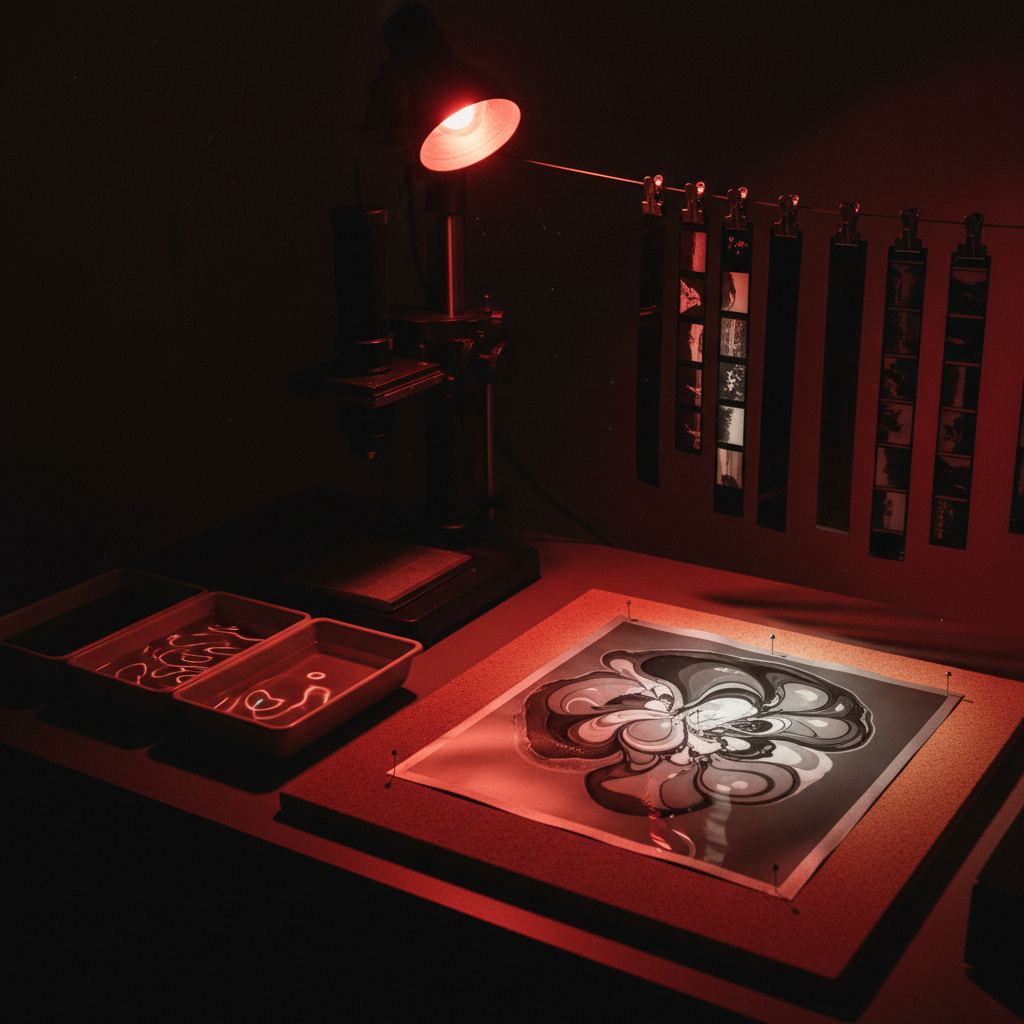 A meticulously arranged darkroom workbench with a wet experimental print pinned to a drying board, its abstract silver gelatin patterns shimmering subtly. Nearby, trays of developer and fixer, a classic enlarger column, and strips of 120 mm negatives hang from stainless steel clips. A single red safelight casts a deep, moody glow, creating specular highlights on the wet paper and gentle reflections on the metal tools. The room recedes into darkness, emphasizing the illuminated workspace. Shot from a slightly elevated angle with moderate depth of field, the composition leads the eye along the line of negatives to the drying print. The mood is introspective and experimental, with refined photographic realism and a contemporary, sophisticated aesthetic.